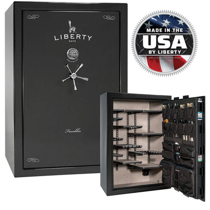 Liberty Safe Franklin 45 Widebody in Black Gloss— stacked exterior and interior views.