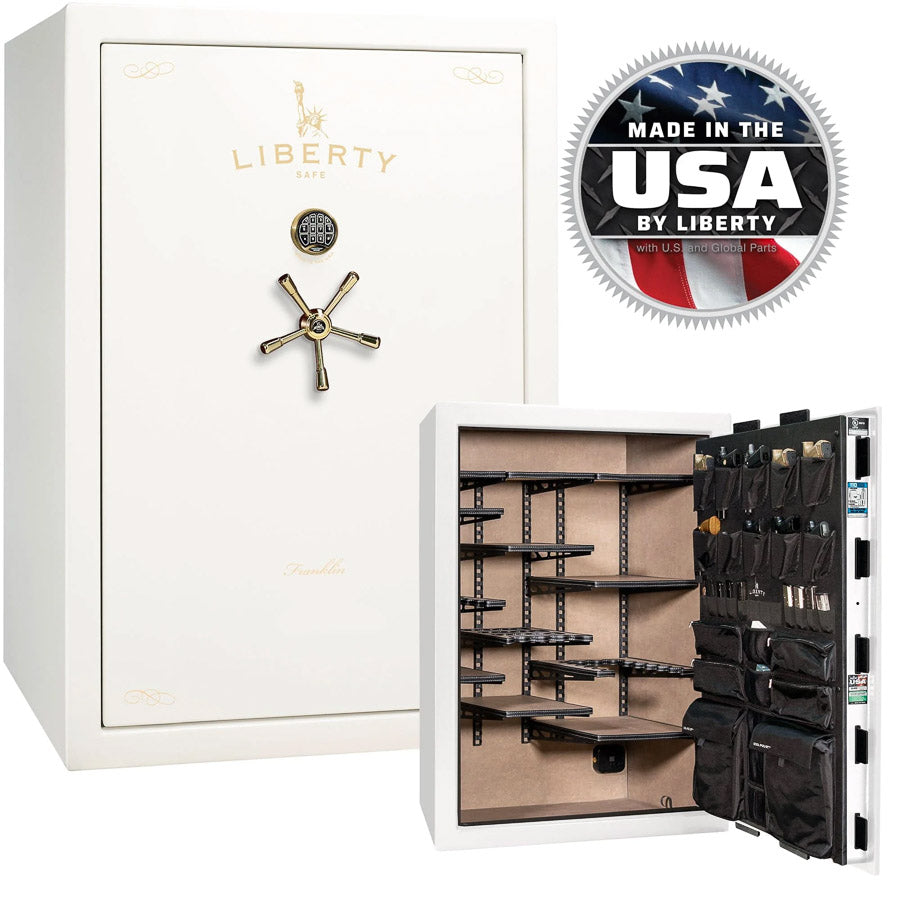 Liberty Safe Franklin 45 Widebody in White Gloss with Brass— stacked exterior and interior views.