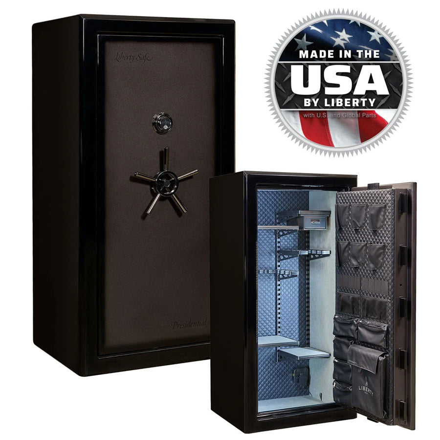 Liberty Safe Presidential Signature 25 in Gray Charcoal Gloss with mechanical lock.
