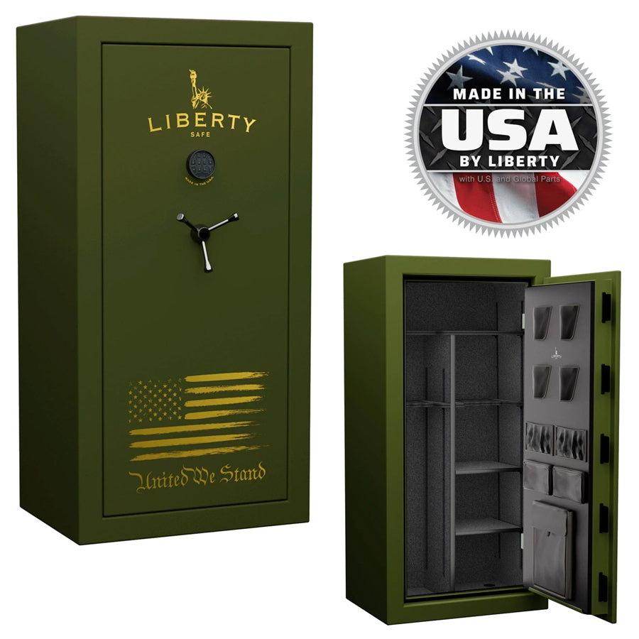 Liberty Colonial 23 gun safe in Textured Black with chrome hardware – interior view and Made in USA badge – on Pre-Black Friday Sale.