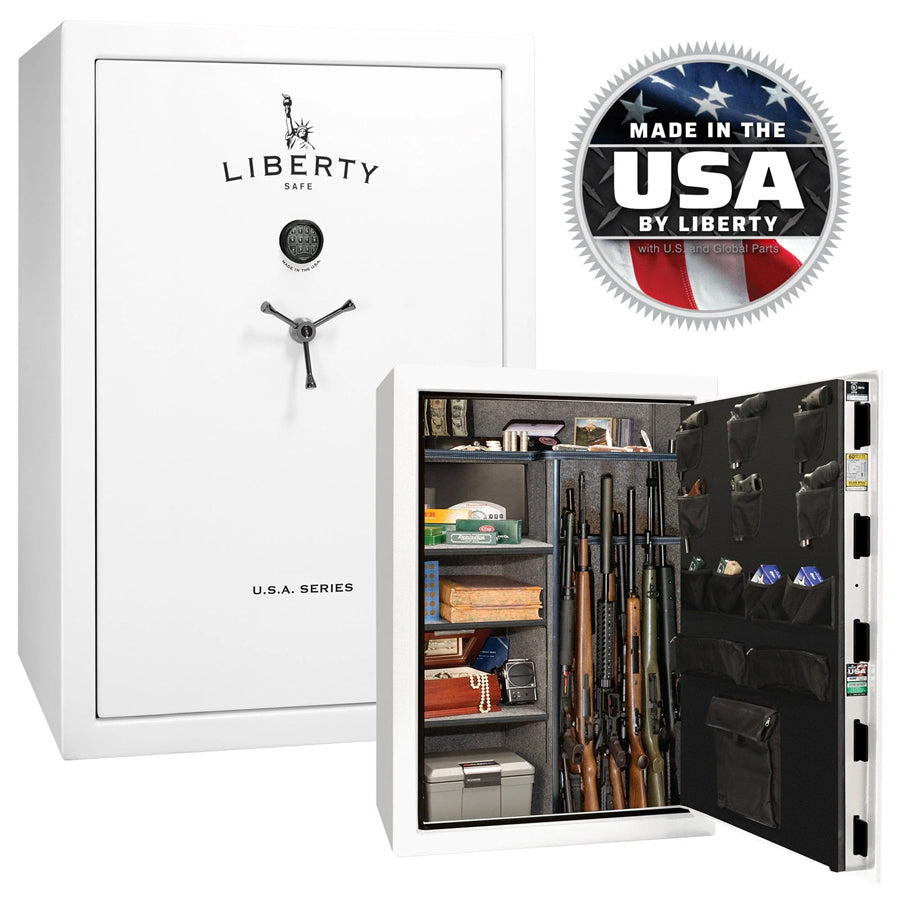 Liberty Colonial 50 gun safe in Gray Marble finish with black chrome hardware – open interior shelving and USA-made badge – Pre-Black Friday Sale.