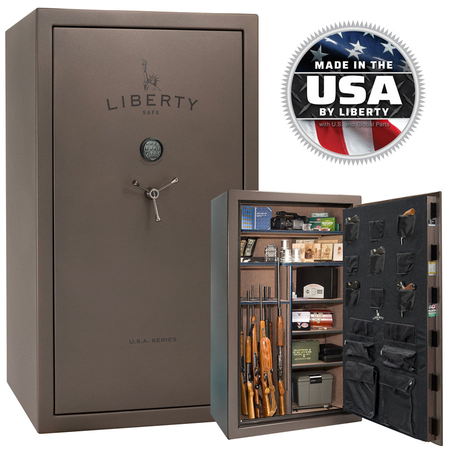 Liberty Franklin 23 safe in White Gloss with black chrome hardware – open interior and door panel organizer – featured in Pre-Black Friday Sale.