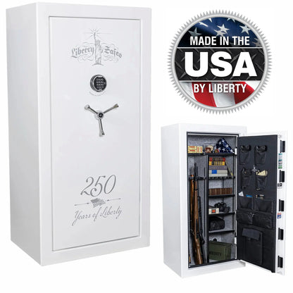 Liberty USA 30 250th Commemorative Gun Safe in Reflective White showing exterior and interior storage