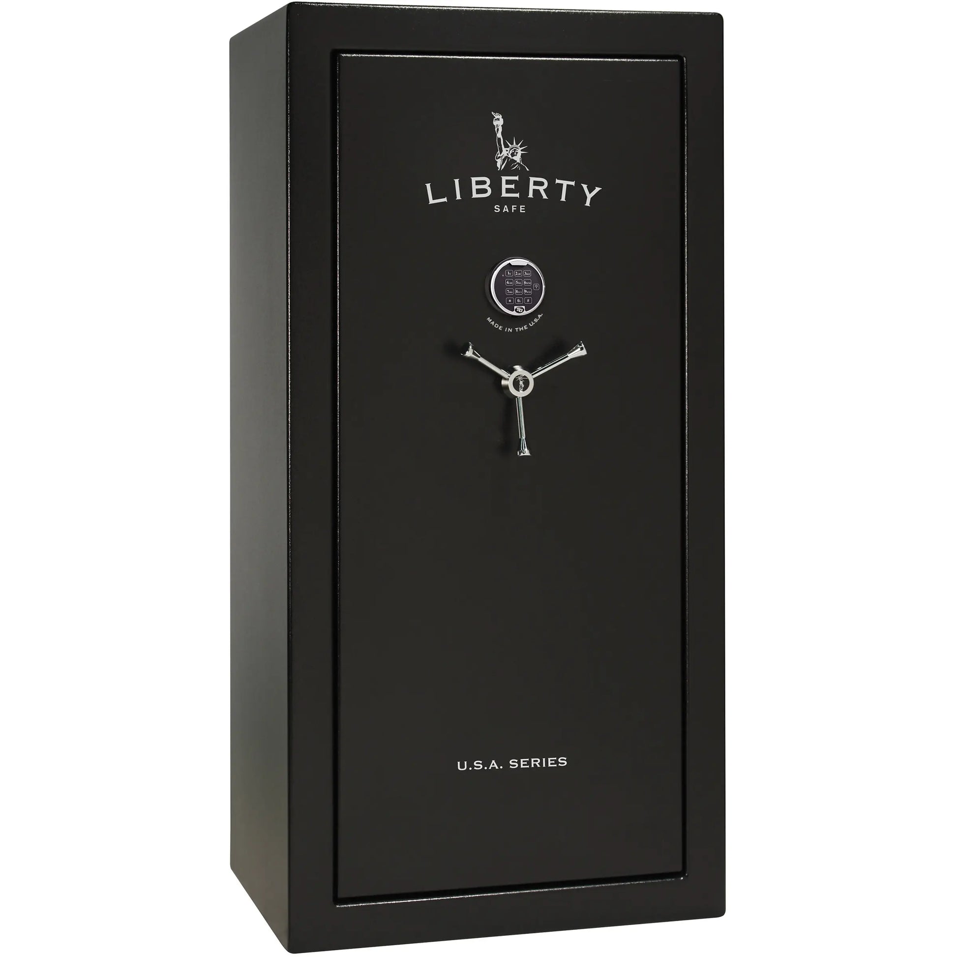 Liberty Safe USA 30 gun safe in textured black exterior with electronic lock and 3-spoke handle