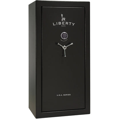 Liberty Safe USA 30 gun safe in textured black exterior with electronic lock and 3-spoke handle
