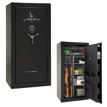Liberty Safe USA 30 gun safe in textured black with electronic lock, 3-spoke handle, and loaded interior with door panel organizer