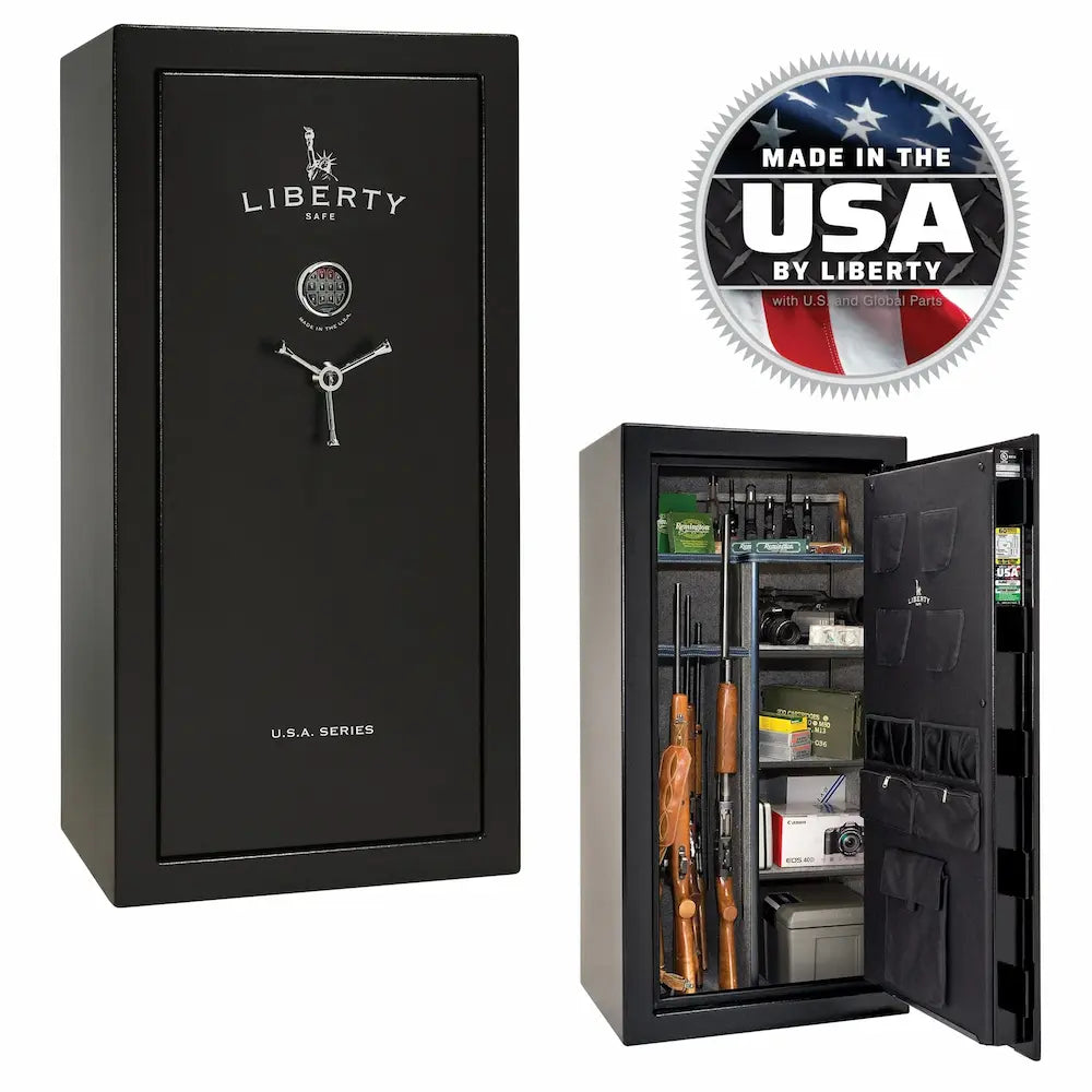 Textured Black Liberty USA 30 safe with open door showing interior, featuring the 'Made in the USA by Liberty' badge.