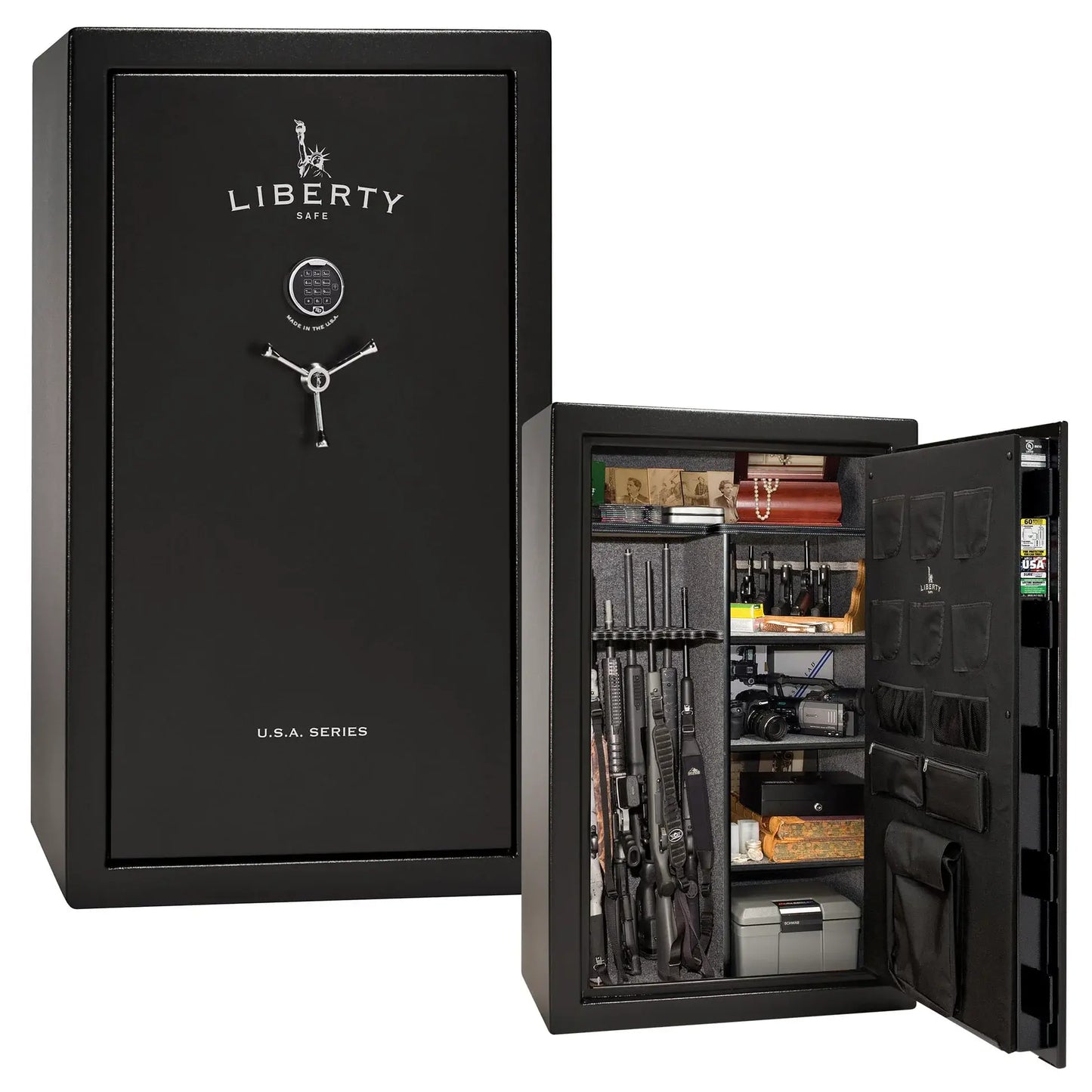 Liberty Safe USA 36 gun safe in textured black with electronic lock, 3-spoke handle, and loaded interior with door panel organizer