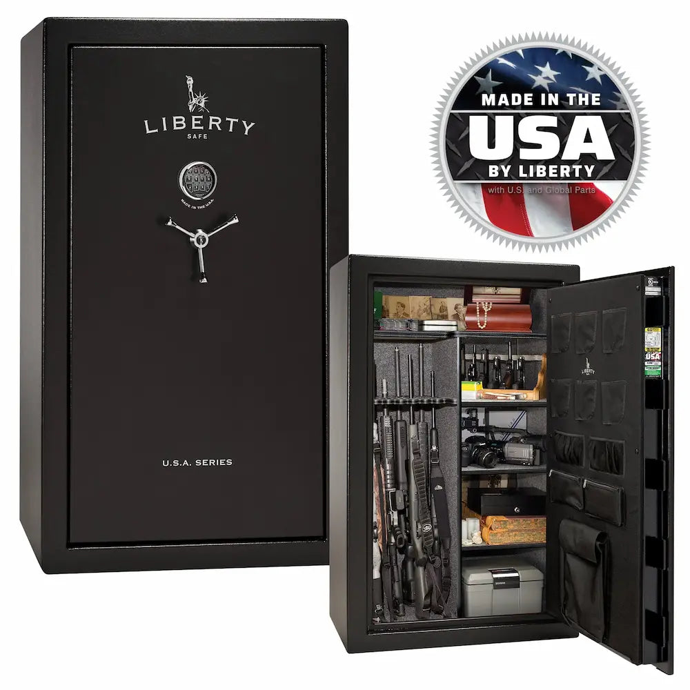 Textured Black Liberty USA 36 safe with open door showing weapons and ammunition, 'Made in the USA by Liberty' badge.