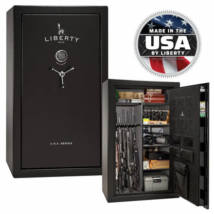 Textured Black Liberty USA 36 safe with open door showing weapons and ammunition, 'Made in the USA by Liberty' badge.