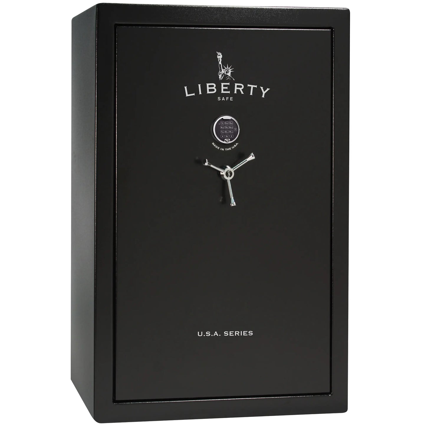 Liberty Safe USA 48 gun safe in textured black exterior with electronic lock, 3-spoke handle, and door panel organizer