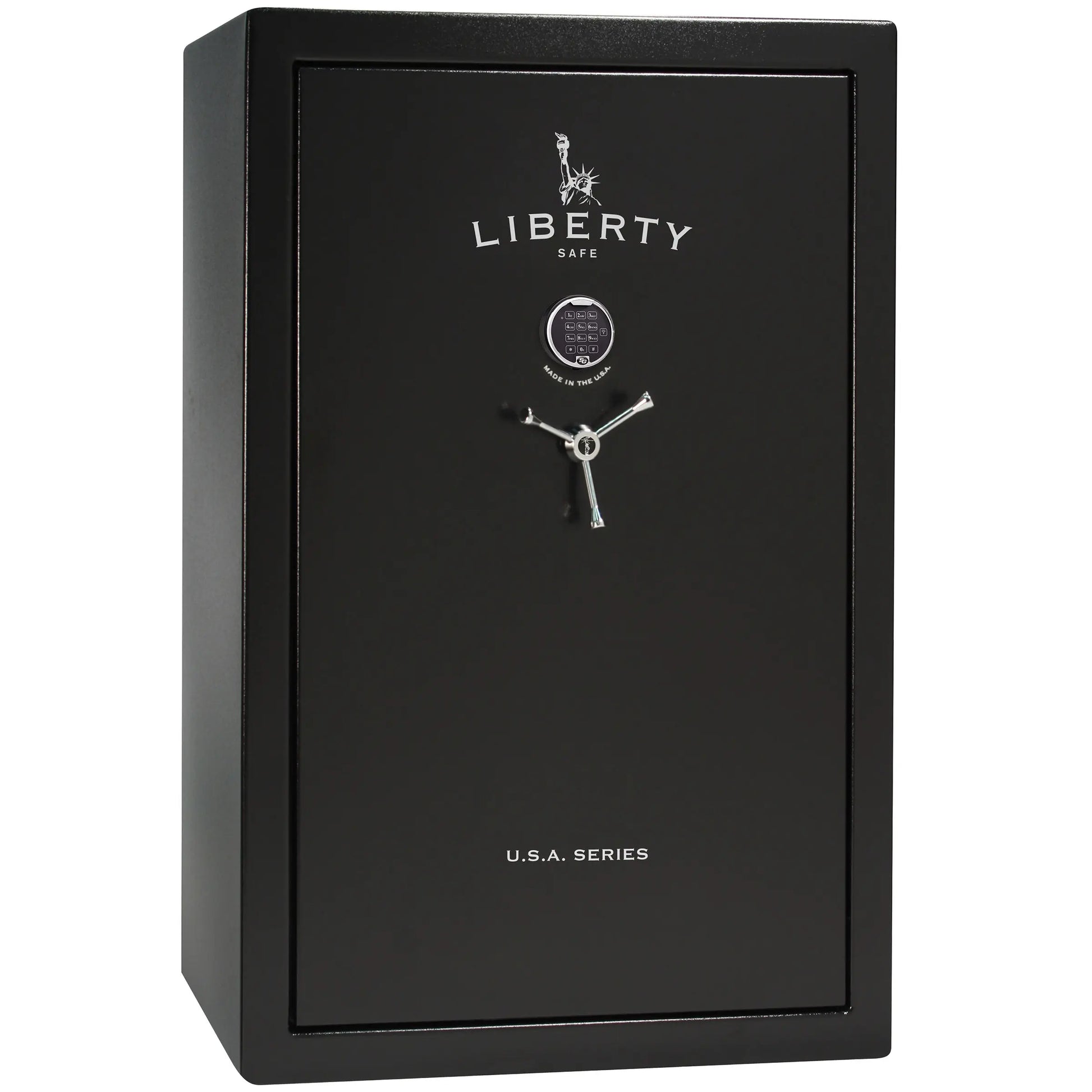 Liberty Safe USA 48 gun safe in textured black exterior with electronic lock, 3-spoke handle, and door panel organizer