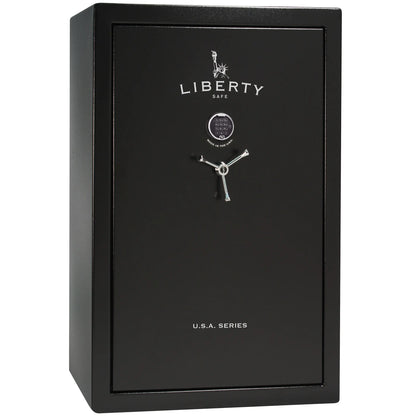 Liberty Safe USA 48 gun safe in textured black exterior with electronic lock, 3-spoke handle, and door panel organizer