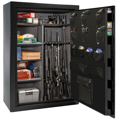 Liberty Safe USA 48 gun safe in textured black with loaded interior and door panel organizer