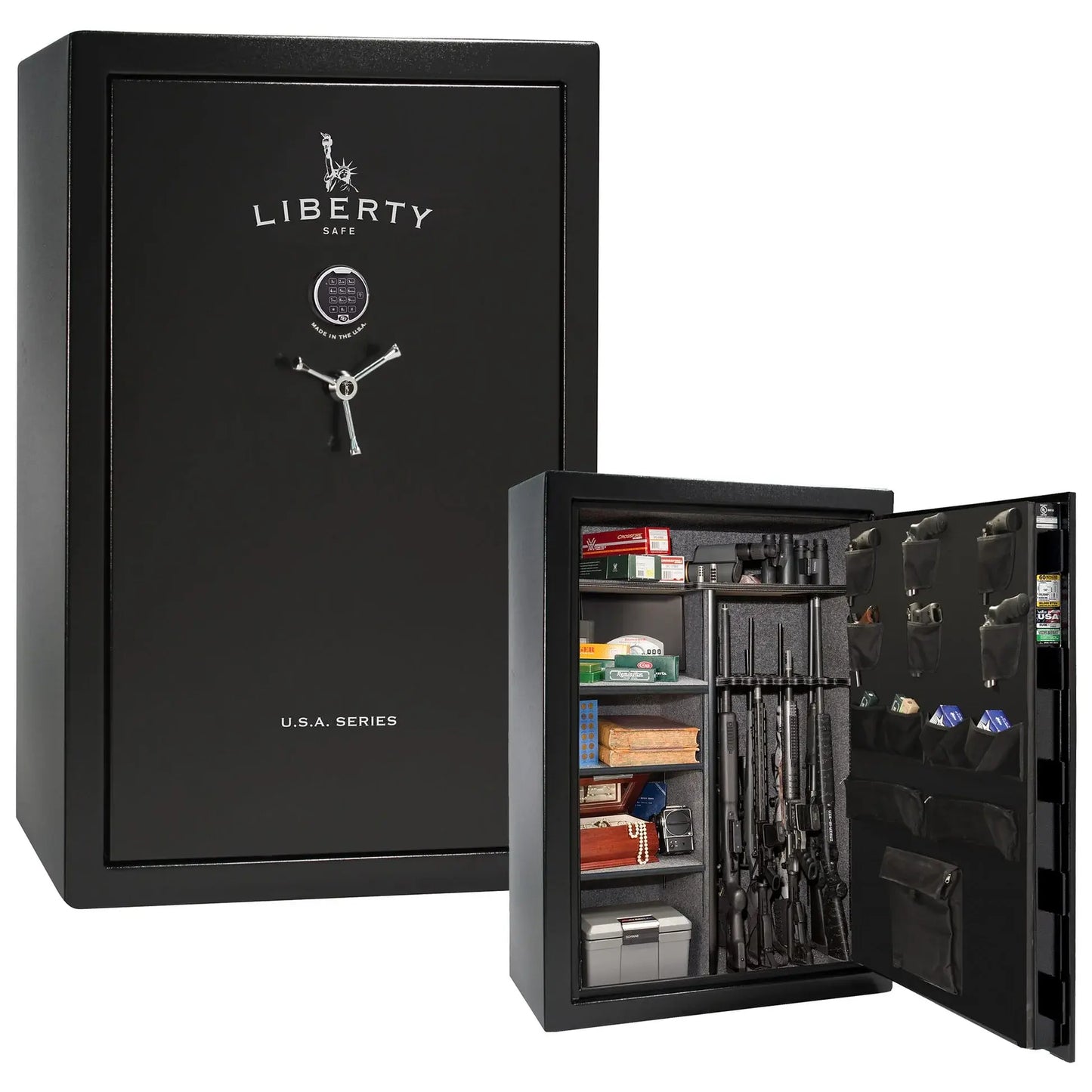 Liberty Safe USA 48 gun safe in textured black with electronic lock, 3-spoke handle, and loaded interior with door panel organizer