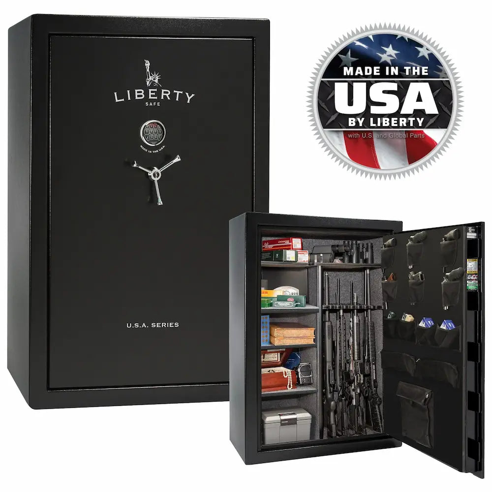 Liberty USA 48 safe in textured black exterior and interior with chrome electronic lock.