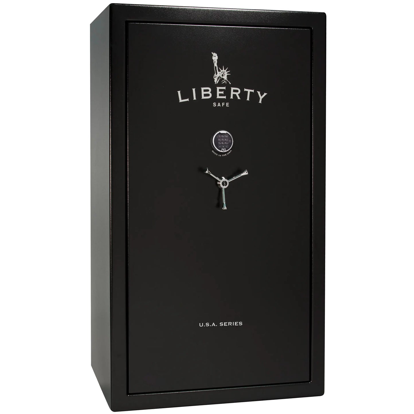 Liberty Safe USA 50 gun safe in textured black exterior with electronic lock and 3-spoke handle