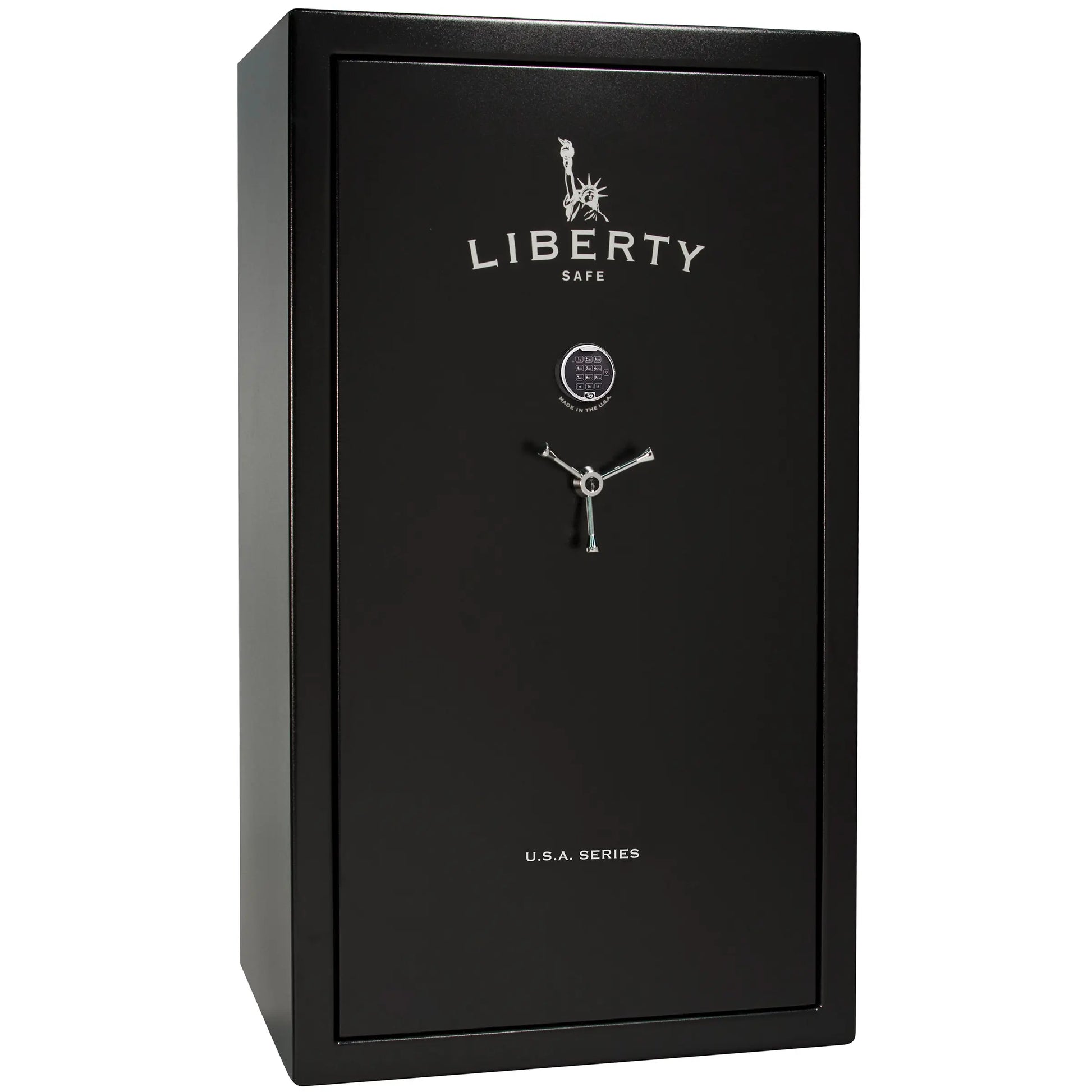 Liberty Safe USA 50 gun safe in textured black exterior with electronic lock and 3-spoke handle