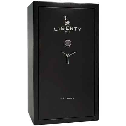 Liberty Safe USA 50 gun safe in textured black exterior with electronic lock and 3-spoke handle