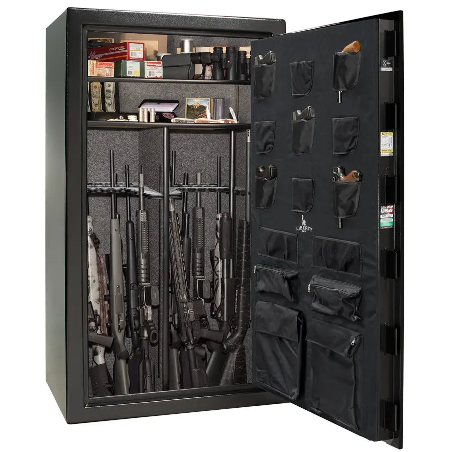 Liberty Safe USA 50 gun safe in textured black with loaded interior with door panel organizer