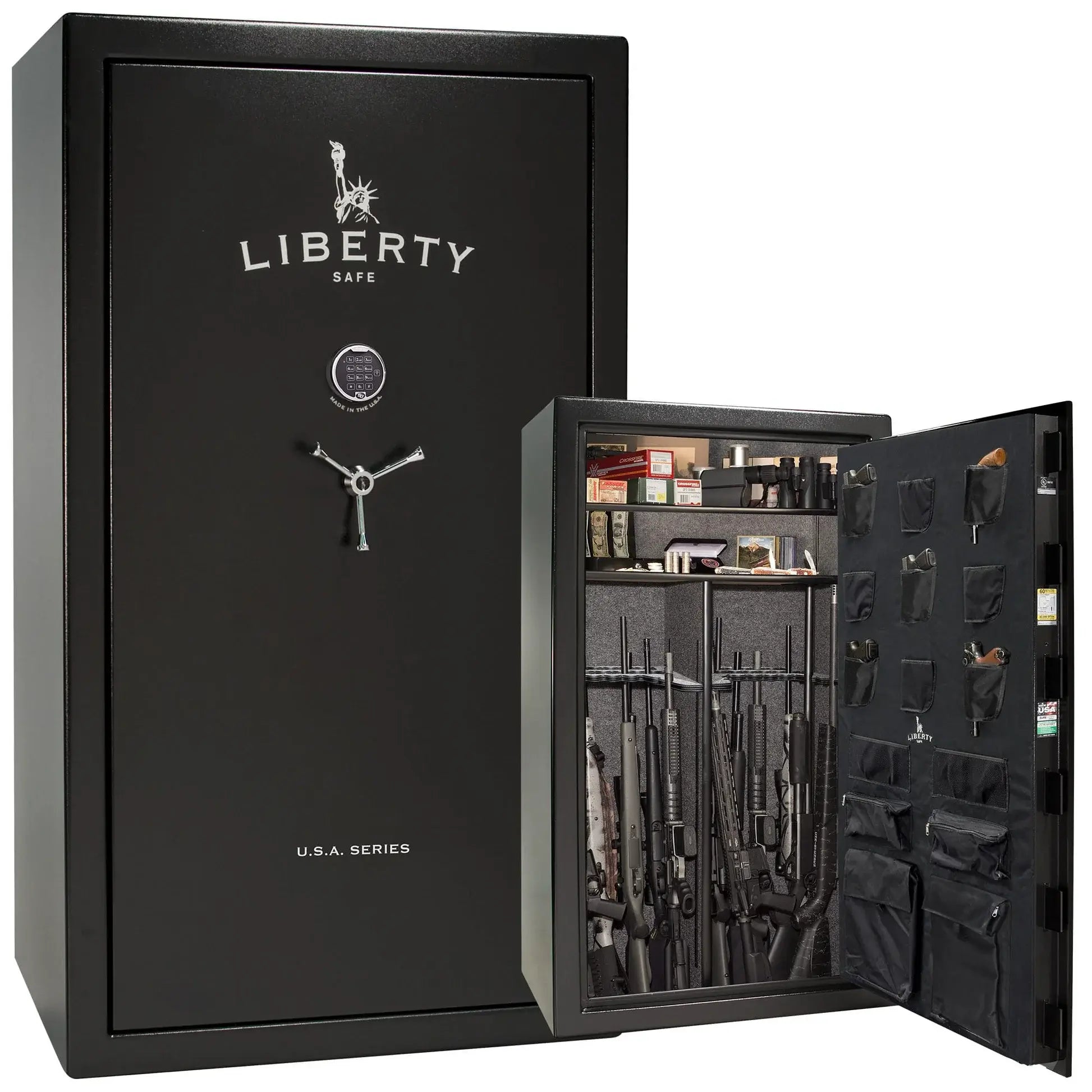 Liberty Safe USA 50 gun safe in textured black with electronic lock, 3-spoke handle, and loaded interior with door panel organizer