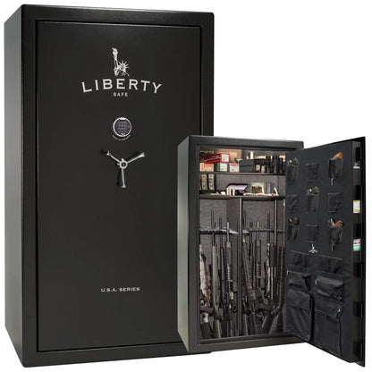 Liberty Safe USA 50 gun safe in textured black with electronic lock, 3-spoke handle, and loaded interior with door panel organizer
