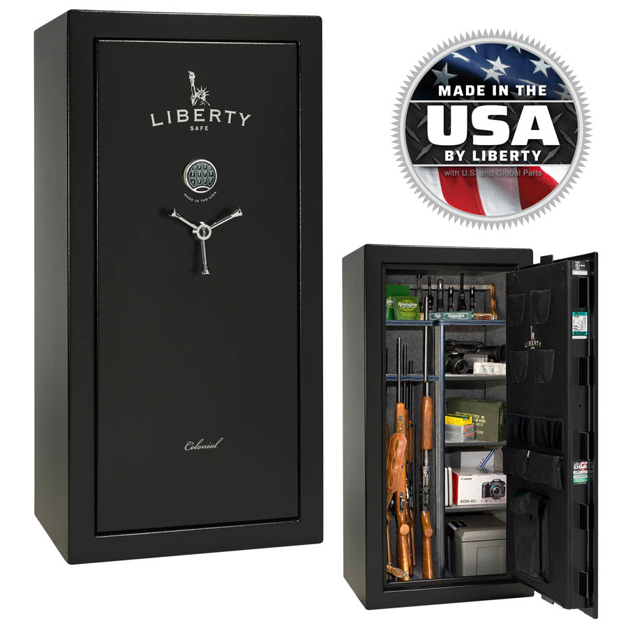 Liberty Colonial 23 gun safe in Textured Black with chrome hardware – interior view and Made in USA badge – on Pre-Black Friday Sale.